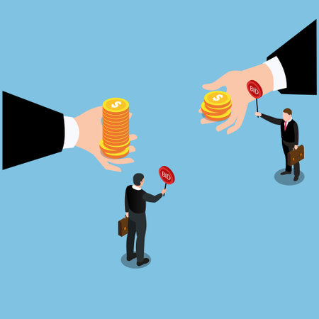 2 businessman with wealth gap bidding isometric 3d vector illustration concept for banner, website, illustration, landing page, flyer, etcのイラスト素材