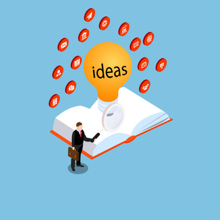 Businessman brainstorms ideas on a notebook with light bulb isometric 3d vector illustration concept for banner, website, illustration, landing page, flyer, etcのイラスト素材