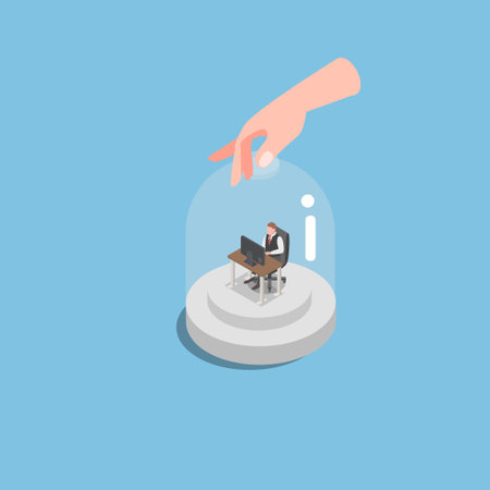 Stressed Depressed businessman stuck working inside closed jar isometric 3d vector illustration concept for banner, website, illustration, landing page, flyer, etcのイラスト素材