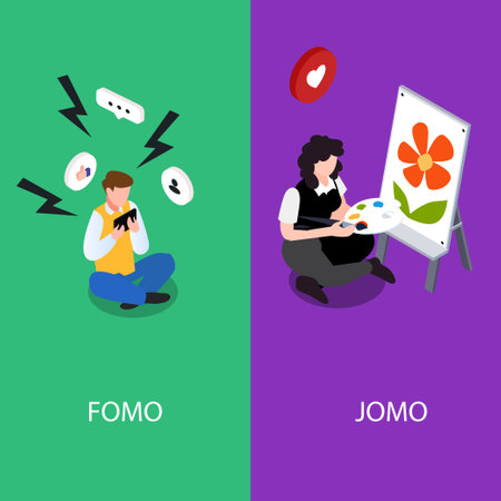 FOMO lifestyle compared to JOMO lifestyle isometric 3d vector illustration concept for banner,...