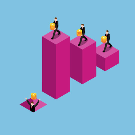 Successful businessman standing on tall bar while failed businessman falls down isometric 3d vector...