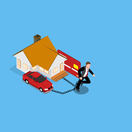 Businessman in chains of troubles with financial debts isometric 3d vector illustration concept for banner, website, illustration, landing page, flyer, etcのイラスト素材