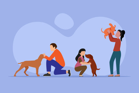 happy pet owners with dogs 2d vector illustration concept for banner, website, illustration, landing page, flyer, etcのイラスト素材