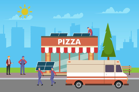Cafe or restaurant installing solar panel 2d vector illustration concept for banner, website, illustration, landing page, flyer, etcのイラスト素材