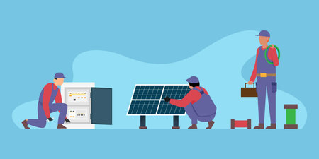 People install, configure solar panel system 2d vector illustration concept for banner, website, illustration, landing page, flyer, etcのイラスト素材