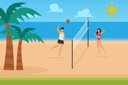 Couple play volleyball on the beach 2d vector illustration concept for banner, website, illustration, landing page, flyer, etc.のイラスト素材