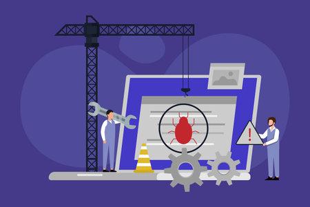 Computer system bug 2d vector illustration concept for banner, website, illustration, landing page, flyer, etc.のイラスト素材