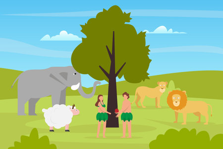 Biblical story. Temptation Of Adam. Illustration of first man and woman 2d vector illustration concept for banner, website, illustration, landing page, flyer, etc.のイラスト素材