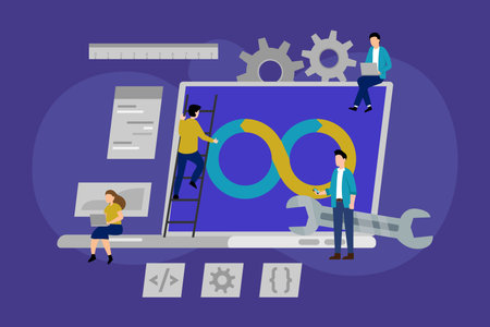 IT People with laptop and programming 2d vector illustration concept for banner, website, illustration, landing page, flyer, etc.のイラスト素材