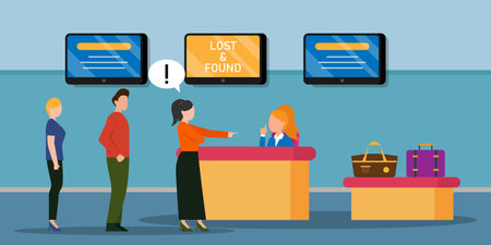 People queue at airport terminal lost and found counter desk 2d vector illustration concept for banner, website, illustration, landing page, flyer, etc.のイラスト素材