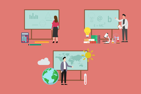Different school teachers in classrooms  2d vector illustration concept for banner, website, illustration, landing page, flyer, etc.のイラスト素材