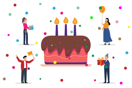 Cake and people holding birthday party icons 2d vector illustration concept for banner, website, illustration, landing page, flyer, etc.のイラスト素材