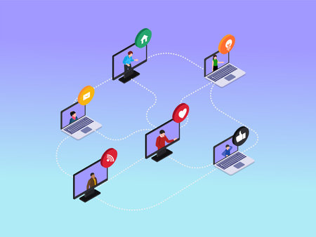 Social media network isometric concept. People connected to each other by different connections.のイラスト素材