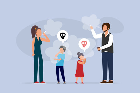 Children standing between smoking mother and father. Parents with unhealthy habit holding cigarettes...