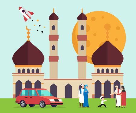 Happy muslim people congratulate each other celebrating Eid al-Fitr flat 2d vector illustrationのイラスト素材