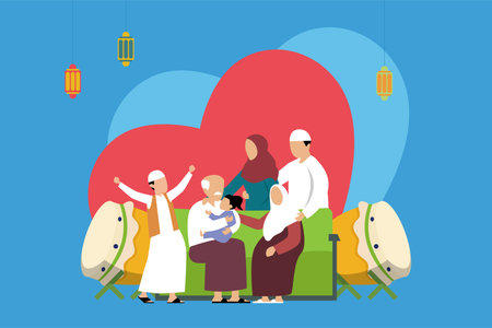 Happy family celebrating Eid-al-fitr flat 2d vector illustrationのイラスト素材