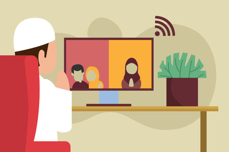 Muslim man making video call to friends and family celebrating ied mubarak flat 2d vector illustrationのイラスト素材