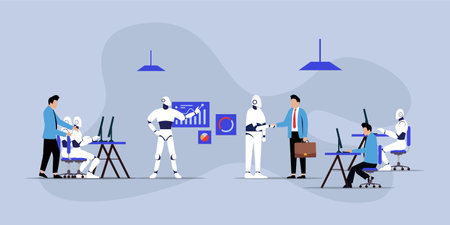 Robot Office Workers. People and Humanoids working together ifor profit 2d vector illustrationのイラスト素材