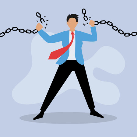 Businessman hands tearing and broke a chain link 2d vector illustrationのイラスト素材