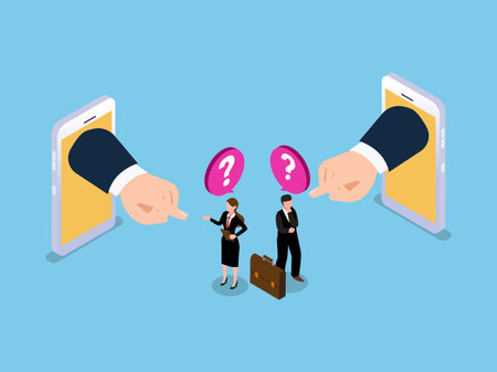 Hand pointing at business people from mobile phone  isometric 3d vector conceptのイラスト素材