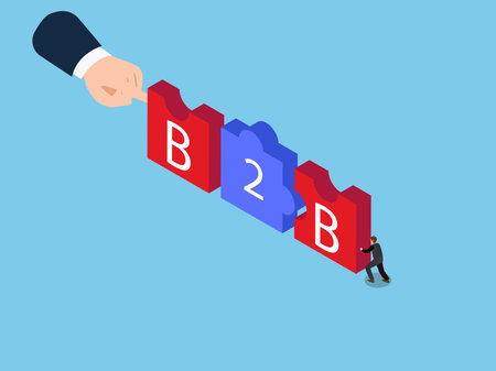 Business people connect two pieces of the puzzle isometric 3d vector conceptのイラスト素材
