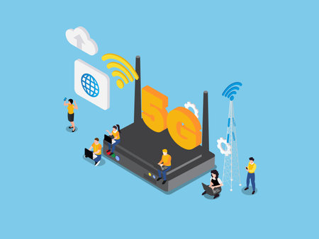 Young people with 5G wifi router technology isometric 3d vector conceptのイラスト素材