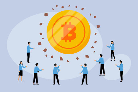 Business people gathered around a huge bitcoin coin 2d flat vector illustrationのイラスト素材