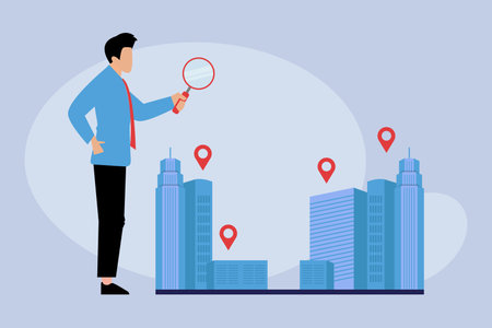 Houses buildings, Businessman holding a magnifier, pin map label 2d flat vector illustrationのイラスト素材