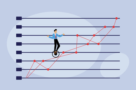 Manager balancing on unicycle trying to drive through business chart 2d flat vector illustrationのイラスト素材
