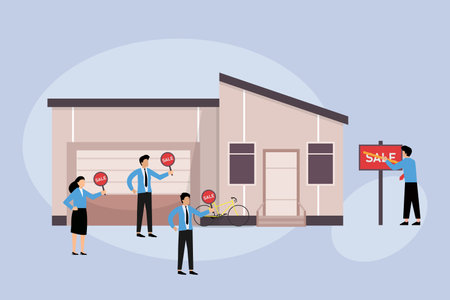 The realtor shows the house for sale 2d flat vector illustrationのイラスト素材