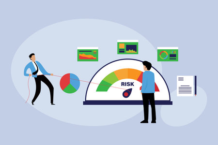 Businessman pulling rope at risk scale pointer to low position 2d flat vector illustrationのイラスト素材