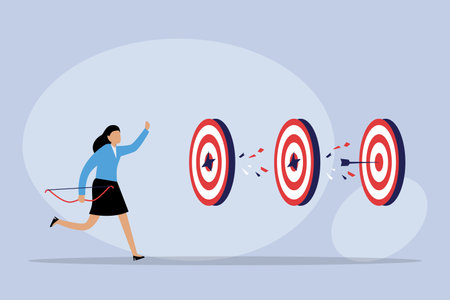 Ambitious woman shooting an arrow to targets 2d flat vector illustrationのイラスト素材