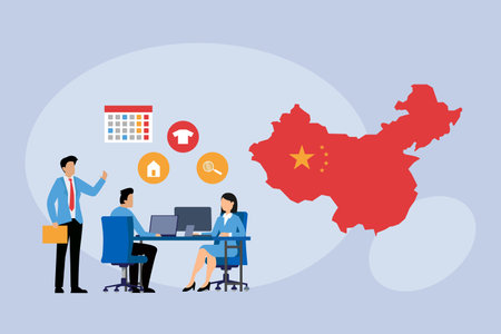 Business meeting in office with partners from china 2d flat vector illustrationのイラスト素材