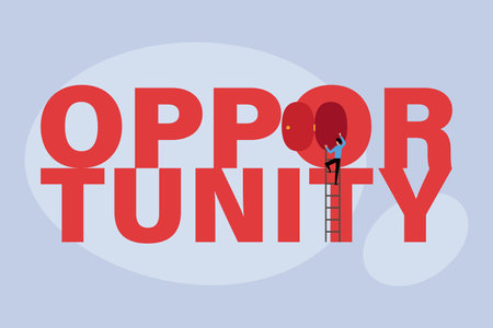 Businessman climbing the ladder and open an opportunity door 2d flat vector illustrationのイラスト素材