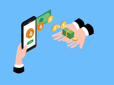 People buy and sell cryptocurrency or bitcoin with US dollar using a mobile phone isometric 3d vector conceptのイラスト素材