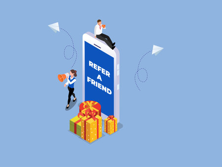 Refer a friend Internet online bonus retail gift isometric 3d vector conceptのイラスト素材