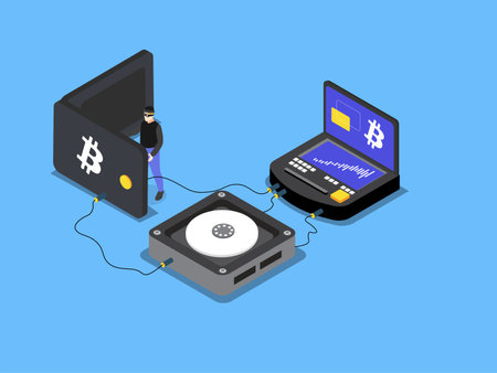 Hacker steals bitcoin from a cold wallet isometric 3d vector conceptのイラスト素材