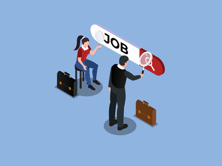 Unemployed people using magnifying glass searching vacancy on the search bar isometric 3d vector conceptのイラスト素材