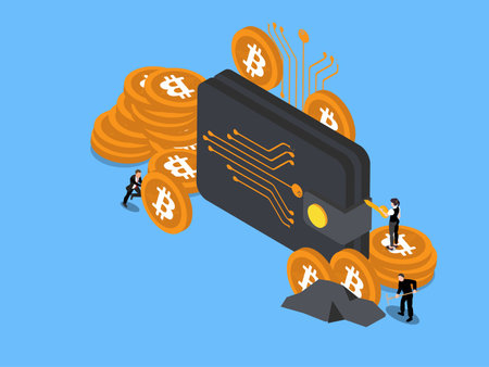 Cryptocurrency concept with businessman miner and coins isometric 3d vector conceptのイラスト素材