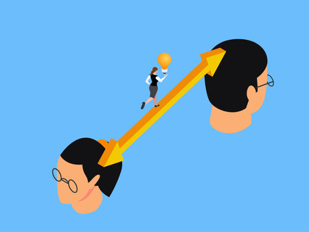 Business woman running carrying lightbulb crossing the bridge to a male head isometric 3d vector conceptのイラスト素材