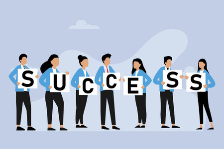 Group of business people holding the word Success. Vector illustration in flat styleのイラスト素材