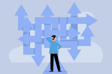 Businessman standing and choosing the right direction. Vector illustration in flat styleのイラスト素材