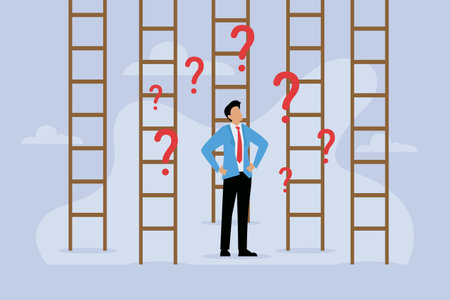 Businessman standing on ladder and question mark. Vector illustration in flat styleのイラスト素材