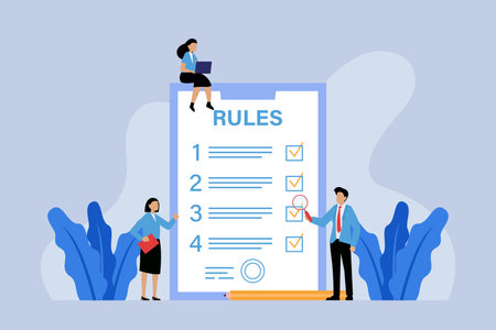 Flat design vector illustration concept of business woman and man standing near a sheet of paper with checklist.のイラスト素材