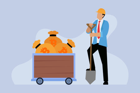 Businessman with shovel and bitcoins in the cart. Vector illustration.のイラスト素材