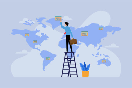 Businessman standing on ladder and holding briefcase. Flat design vector illustration.のイラスト素材