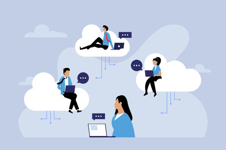 Cloud computing concept. Vector illustration in flat style. Business people and clouds.のイラスト素材