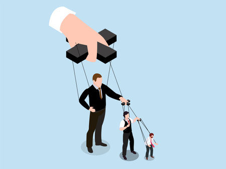 Business people controlling other business people with strings 3d isometric vector concept for landing page, banner, illustrationのイラスト素材