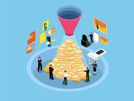 Dollar marketing funnel with business people 3d isometric vector concept for landing page, banner, illustrationのイラスト素材