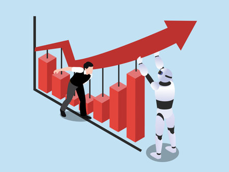 Ai robot holding arrow pointing to growth management strategy 3d isometric vector concept for landing page, banner, illustrationのイラスト素材